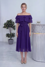 Mor Madonna Carmen Fırfır Yaka Büyük Beden Şifon Elbise