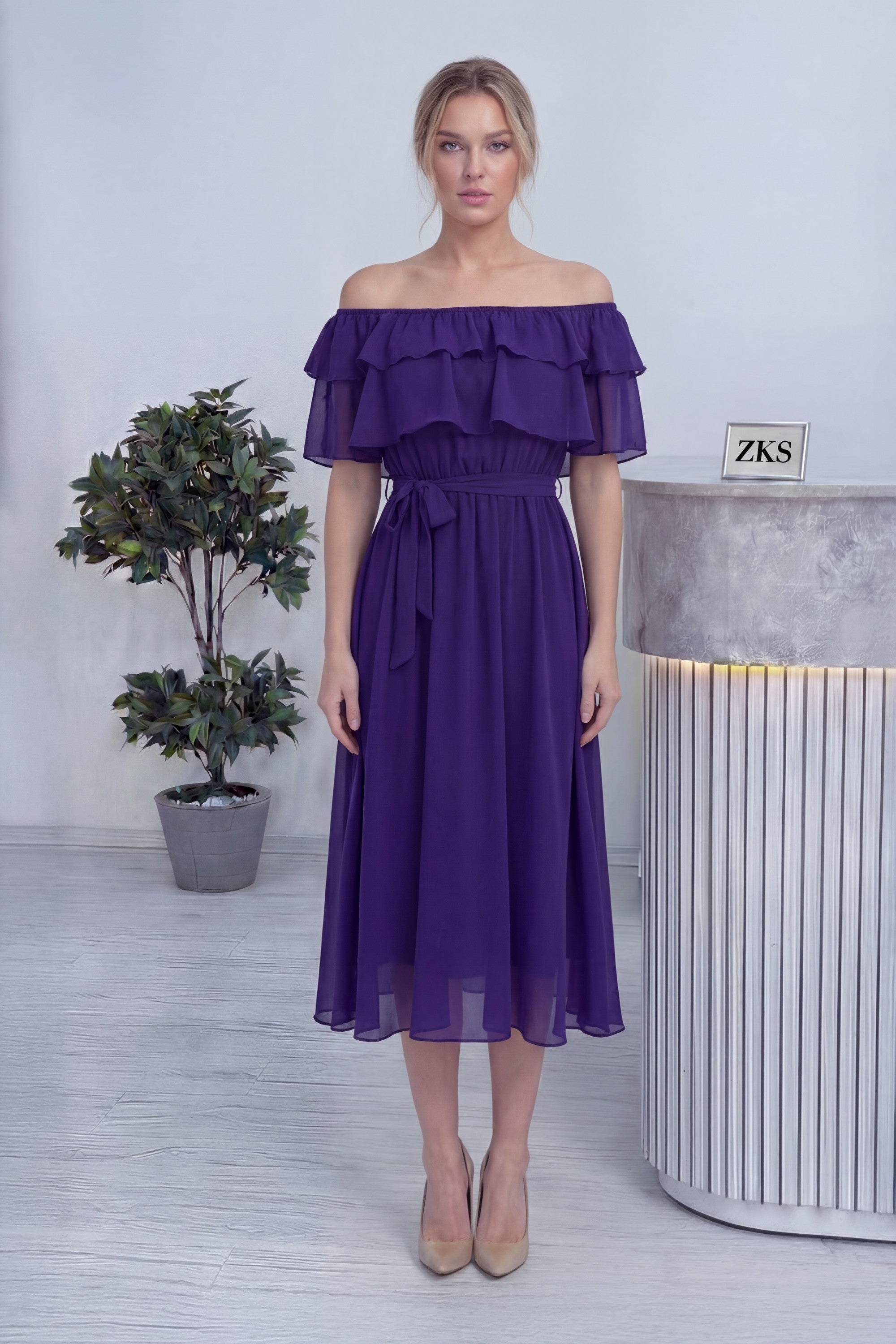 Mor Madonna Carmen Fırfır Yaka Büyük Beden Şifon Elbise