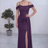 Mor Askılı Düşük Omuz Yırtmaç Detay Abiye Elbise