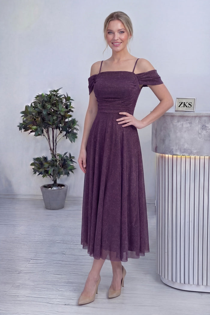 Kadın Mor Midi Boy Kloş Askılı Düşük Omuz Abiye Elbise