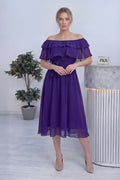 Mor Madonna Carmen Fırfır Yaka Büyük Beden Şifon Elbise