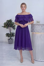 Mor Madonna Carmen Fırfır Yaka Büyük Beden Şifon Elbise