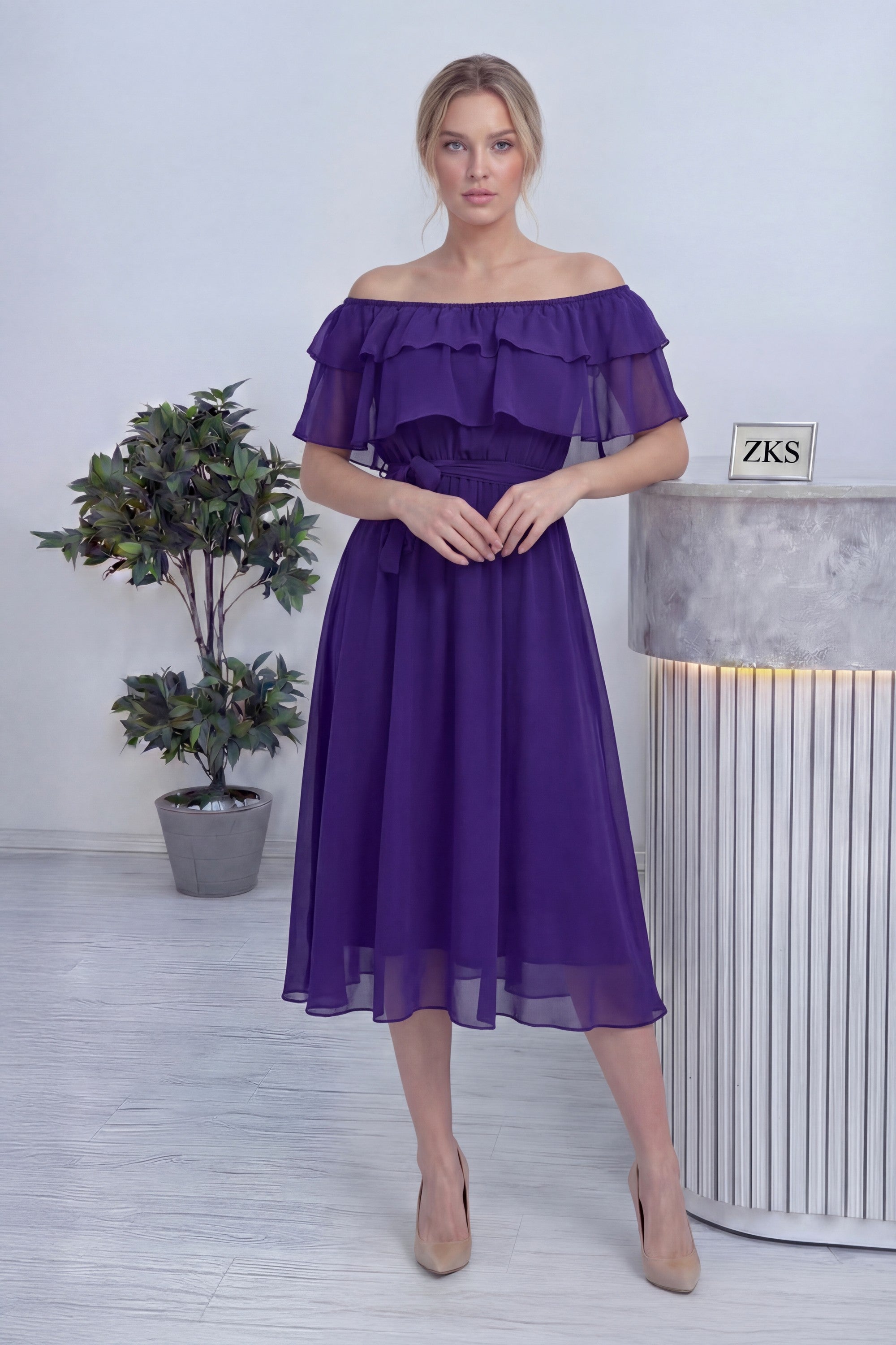 Mor Madonna Carmen Fırfır Yaka Büyük Beden Şifon Elbise