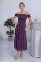 Kadın Mor Midi Boy Kloş Askılı Düşük Omuz Abiye Elbise