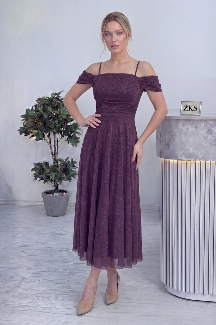 Kadın Mor Midi Boy Kloş Askılı Düşük Omuz Abiye Elbise