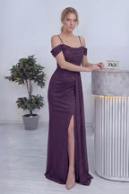 Mor Askılı Düşük Omuz Yırtmaç Detay Abiye Elbise