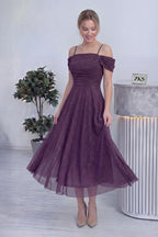 Kadın Mor Midi Boy Kloş Askılı Düşük Omuz Abiye Elbise