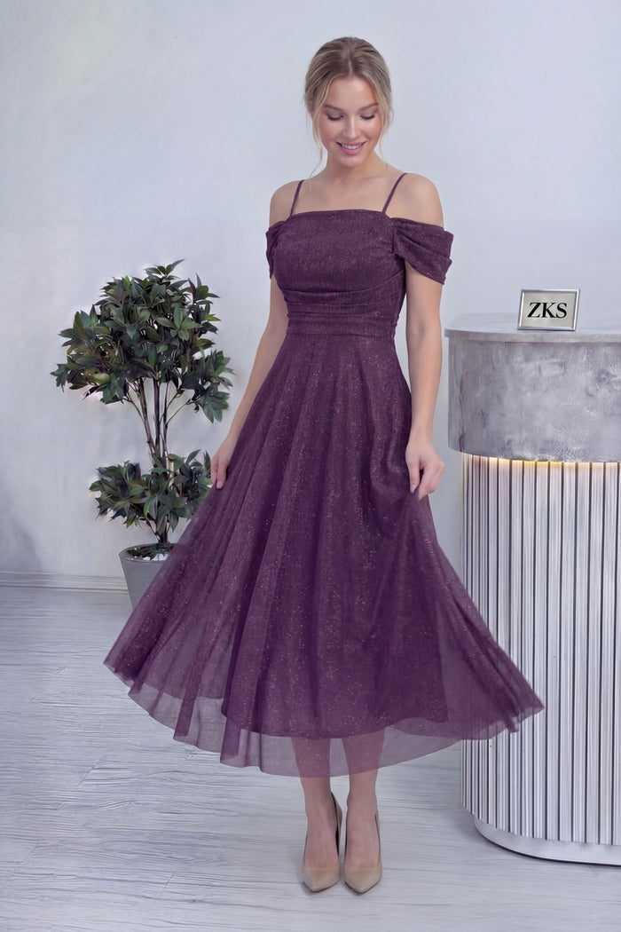 Kadın Mor Midi Boy Kloş Askılı Düşük Omuz Abiye Elbise