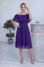 Mor Madonna Carmen Fırfır Yaka Büyük Beden Şifon Elbise