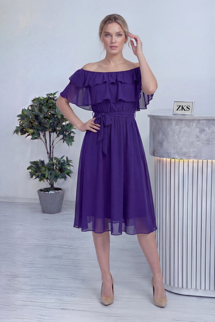 Mor Madonna Carmen Fırfır Yaka Büyük Beden Şifon Elbise