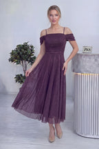 Kadın Mor Midi Boy Kloş Askılı Düşük Omuz Abiye Elbise