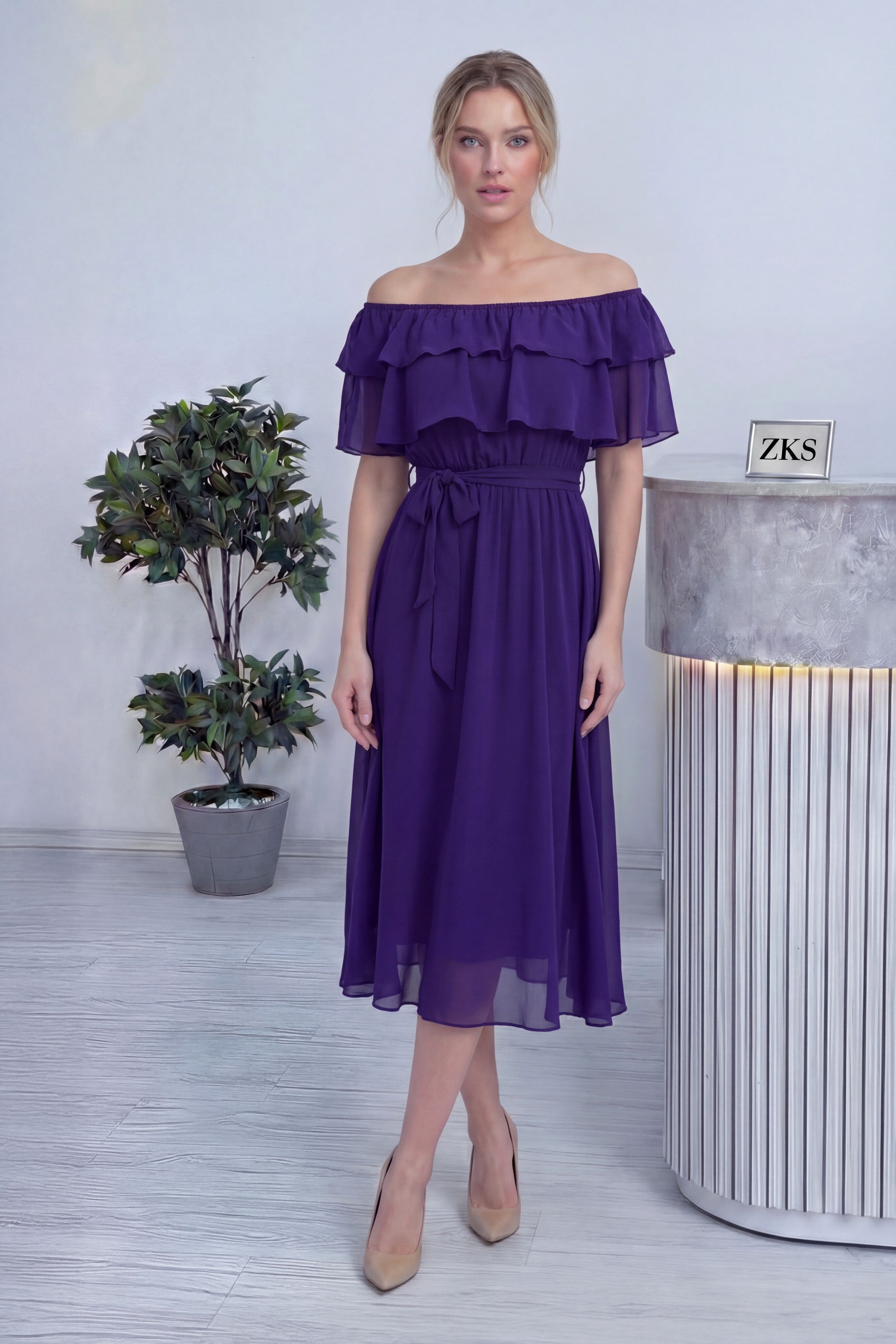 絶版‼️ Marlene Marino Purple Fashion Mor Madonna Carmen Fırfır Yaka Büyük Beden Şifon Elbise – The ZKS
