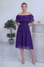 Mor Madonna Carmen Fırfır Yaka Büyük Beden Şifon Elbise