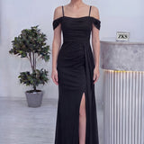 Siyah Askılı Düşük Omuz Yırtmaç Detay Abiye Elbise