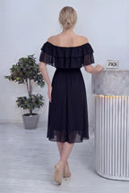 Siyah Madonna Carmen Fırfır Yaka Büyük Beden Şifon Elbise