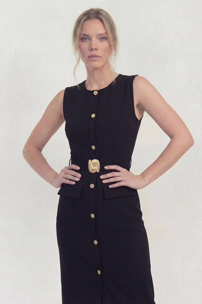 Siyah Gold Düğmeli Sıfır Kol Kalem Elbise