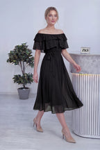 Siyah Madonna Carmen Fırfır Yaka Büyük Beden Şifon Elbise