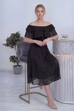 Siyah Madonna Carmen Fırfır Yaka Büyük Beden Şifon Elbise