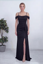 Siyah Askılı Düşük Omuz Yırtmaç Detay Abiye Elbise