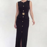 Siyah Gold Düğmeli Sıfır Kol Kalem Elbise