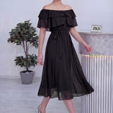 Siyah Madonna Carmen Fırfır Yaka Büyük Beden Şifon Elbise