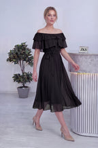 Siyah Madonna Carmen Fırfır Yaka Büyük Beden Şifon Elbise