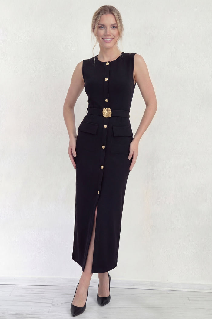 Siyah Gold Düğmeli Sıfır Kol Kalem Elbise