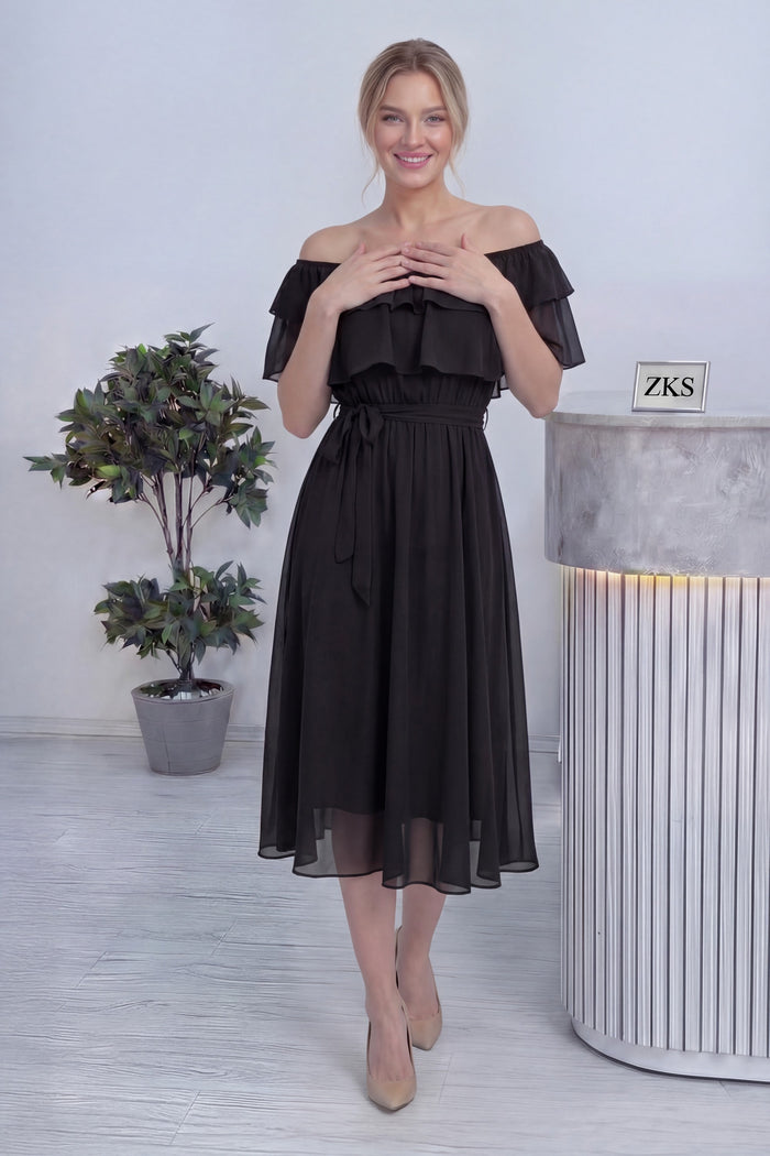 Siyah Madonna Carmen Fırfır Yaka Büyük Beden Şifon Elbise