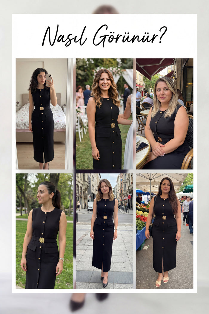 Siyah Gold Düğmeli Sıfır Kol Kalem Elbise