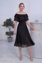 Siyah Madonna Carmen Fırfır Yaka Büyük Beden Şifon Elbise