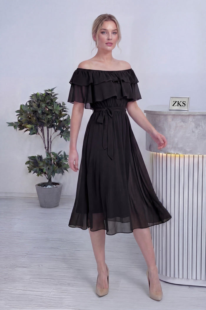 Siyah Madonna Carmen Fırfır Yaka Büyük Beden Şifon Elbise