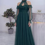 Yeşil Tül Drapeli Büyük Beden Abiye Elbise