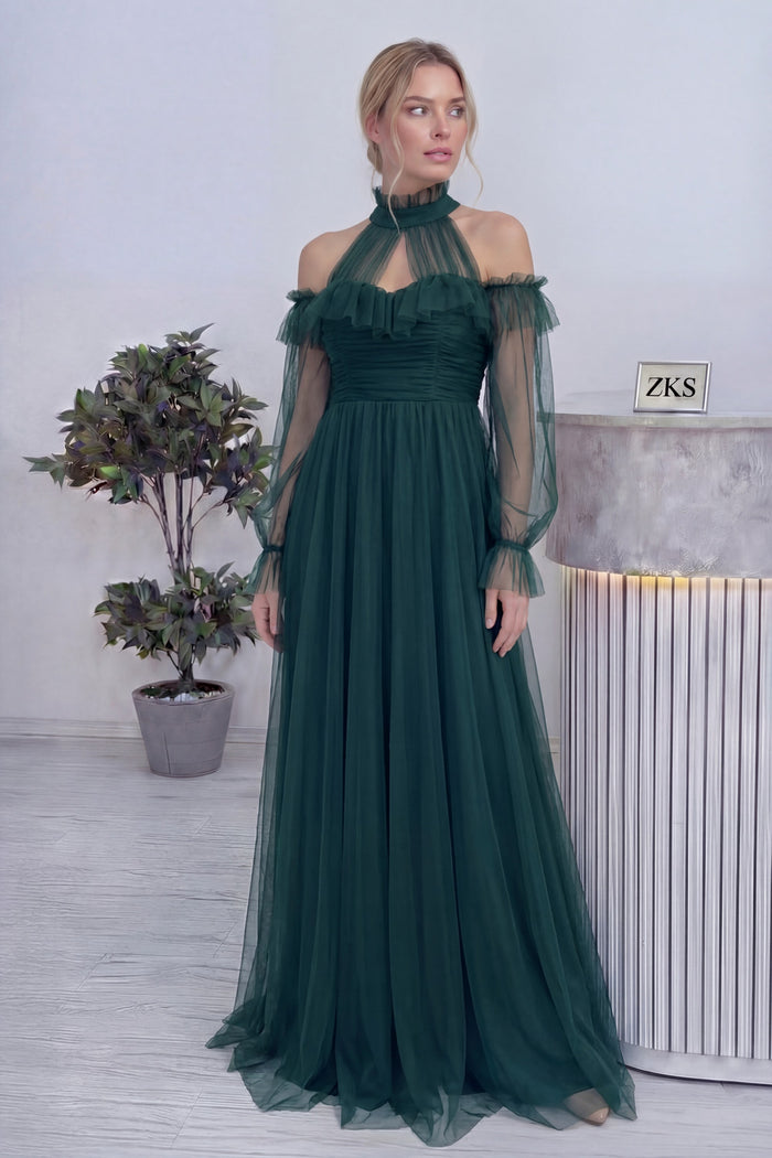Yeşil Tül Drapeli Büyük Beden Abiye Elbise