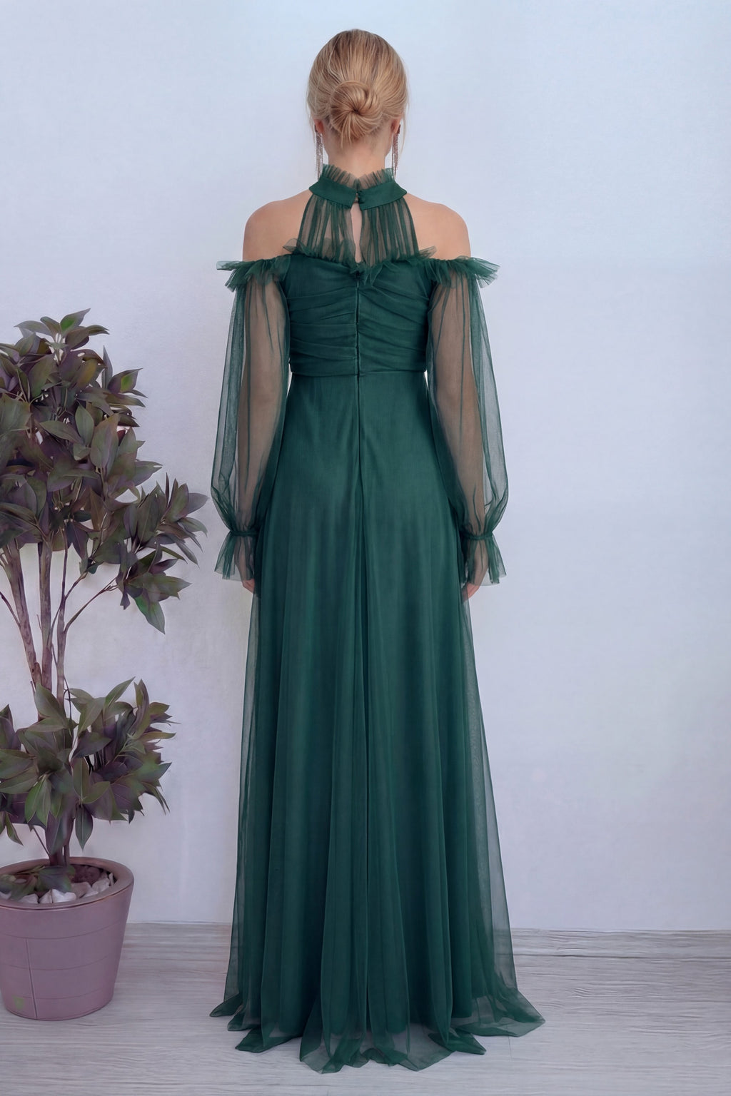 Zümrüt Yeşili Tül Drapeli Kloş Abiye