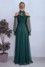 Zümrüt Yeşili Tül Drapeli Kloş Abiye