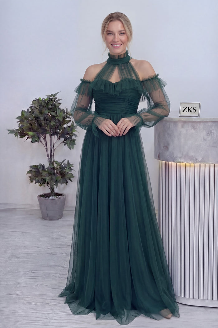 Yeşil Tül Drapeli Büyük Beden Abiye Elbise