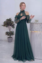 Zümrüt Yeşili Tül Drapeli Kloş Abiye