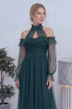 Zümrüt Yeşili Tül Drapeli Kloş Abiye