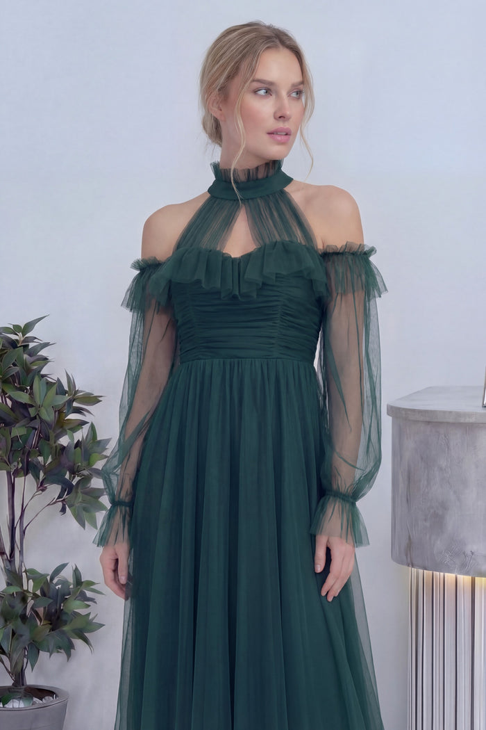 Zümrüt Yeşili Tül Drapeli Kloş Abiye