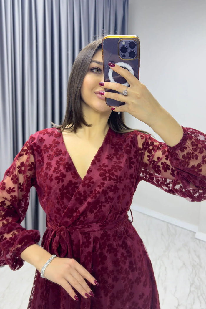 Bordo Papatya Detaylı Flok Baskı Büyük Beden Elbise

