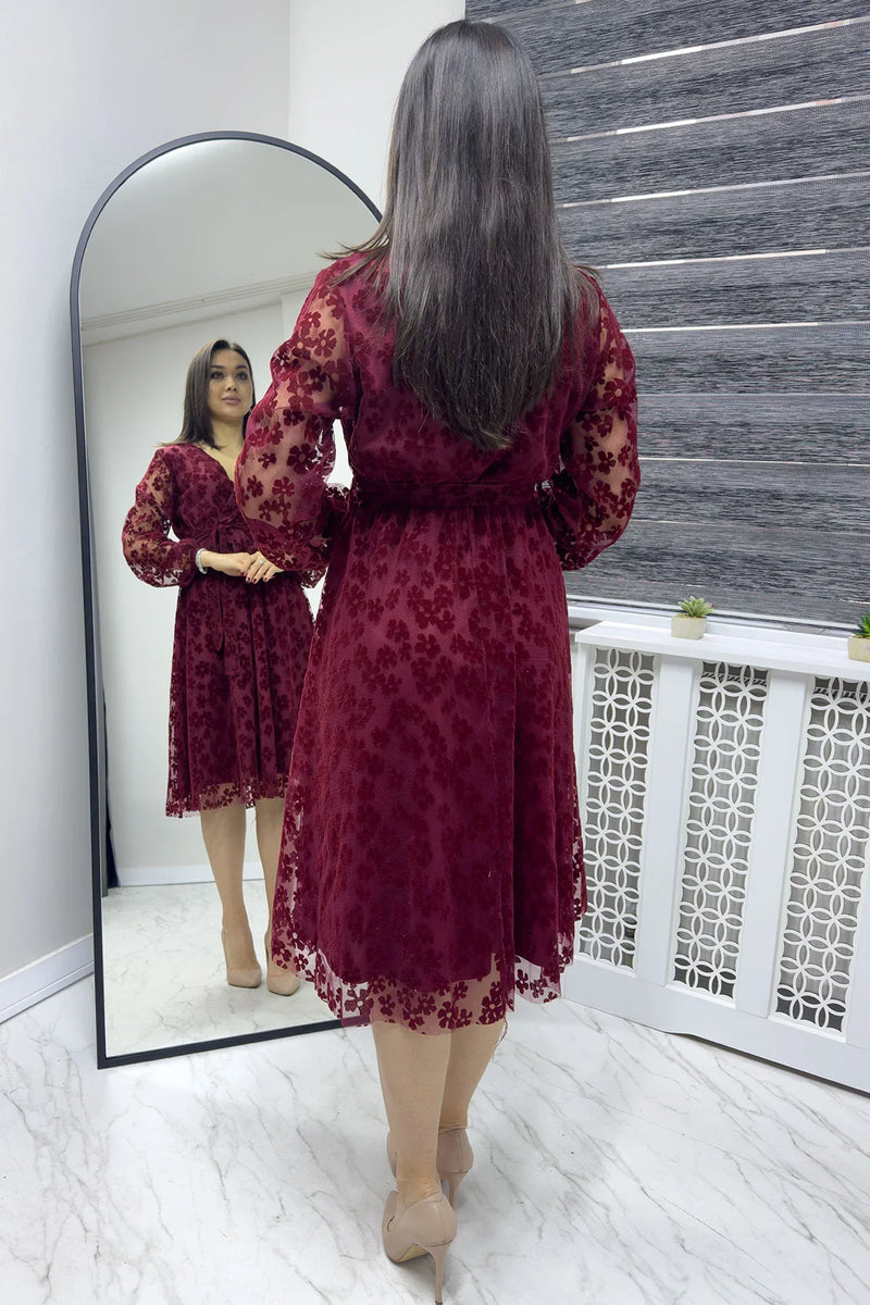 Bordo Papatya Detaylı Flok Baskı Büyük Beden Elbise


