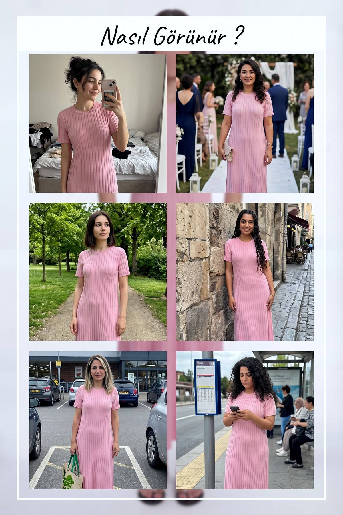 Pembe fitilli triko midi elbise, farklı mekanlarda kullanımını gösteren kolaj görsel
