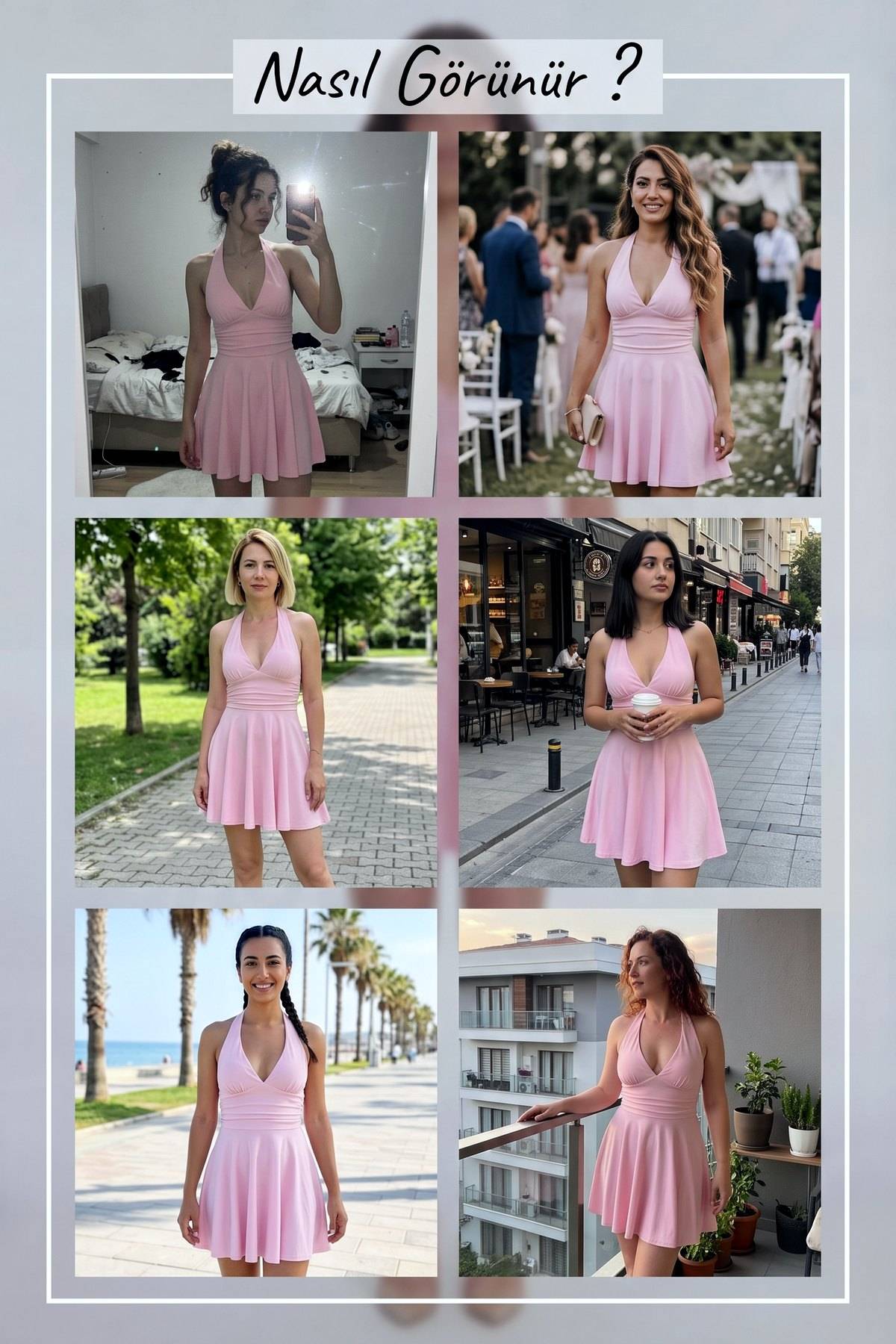 Farklı mekanlarda giyilmiş The ZKS pembe kısa kloş elbise, boyundan bağlamalı modelin farklı açılardan ve ortamlarda görünümü.