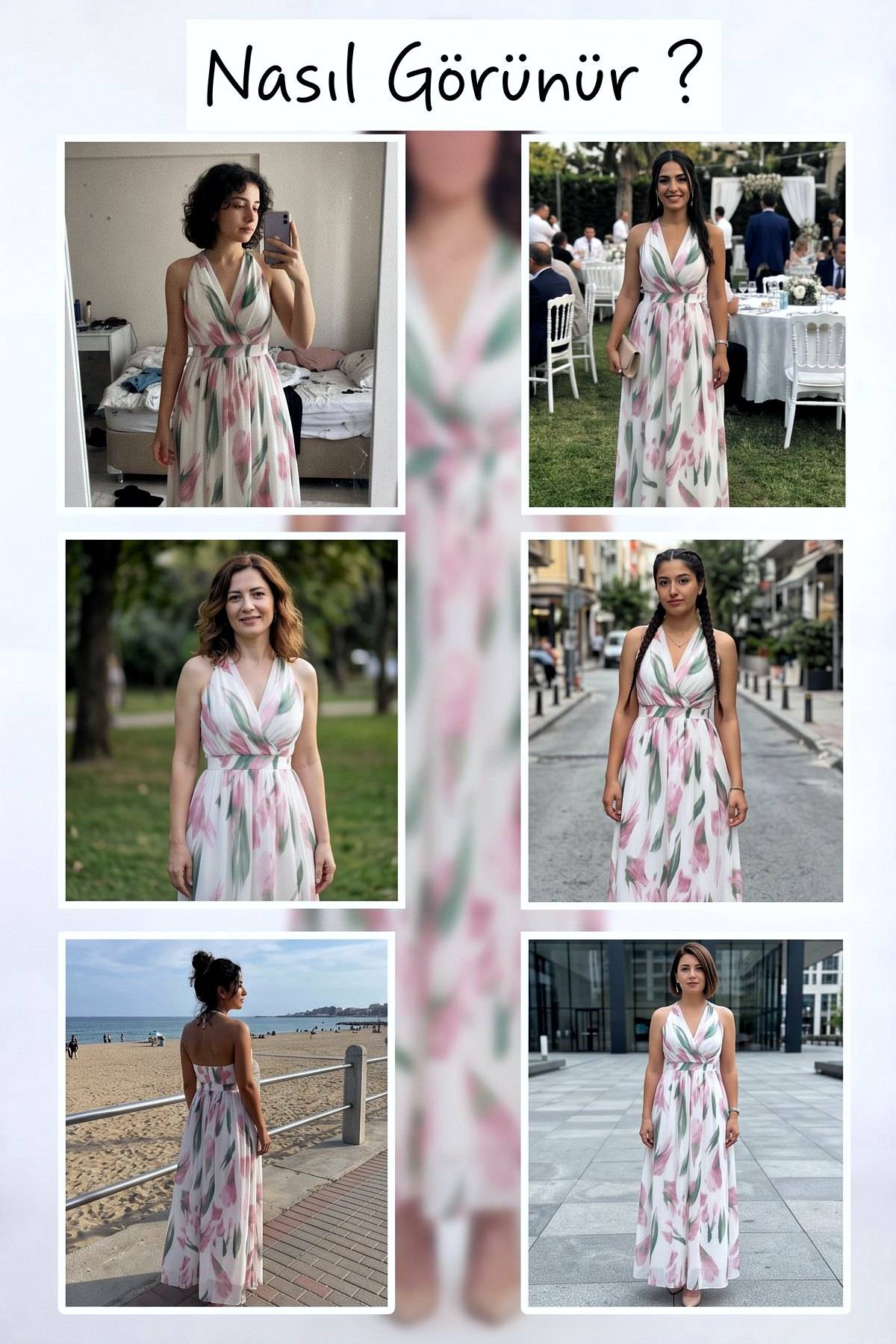 The ZKS pembe desenli kruvaze yaka uzun yazlık elbise farklı mekanlarda kullanım örnekleri