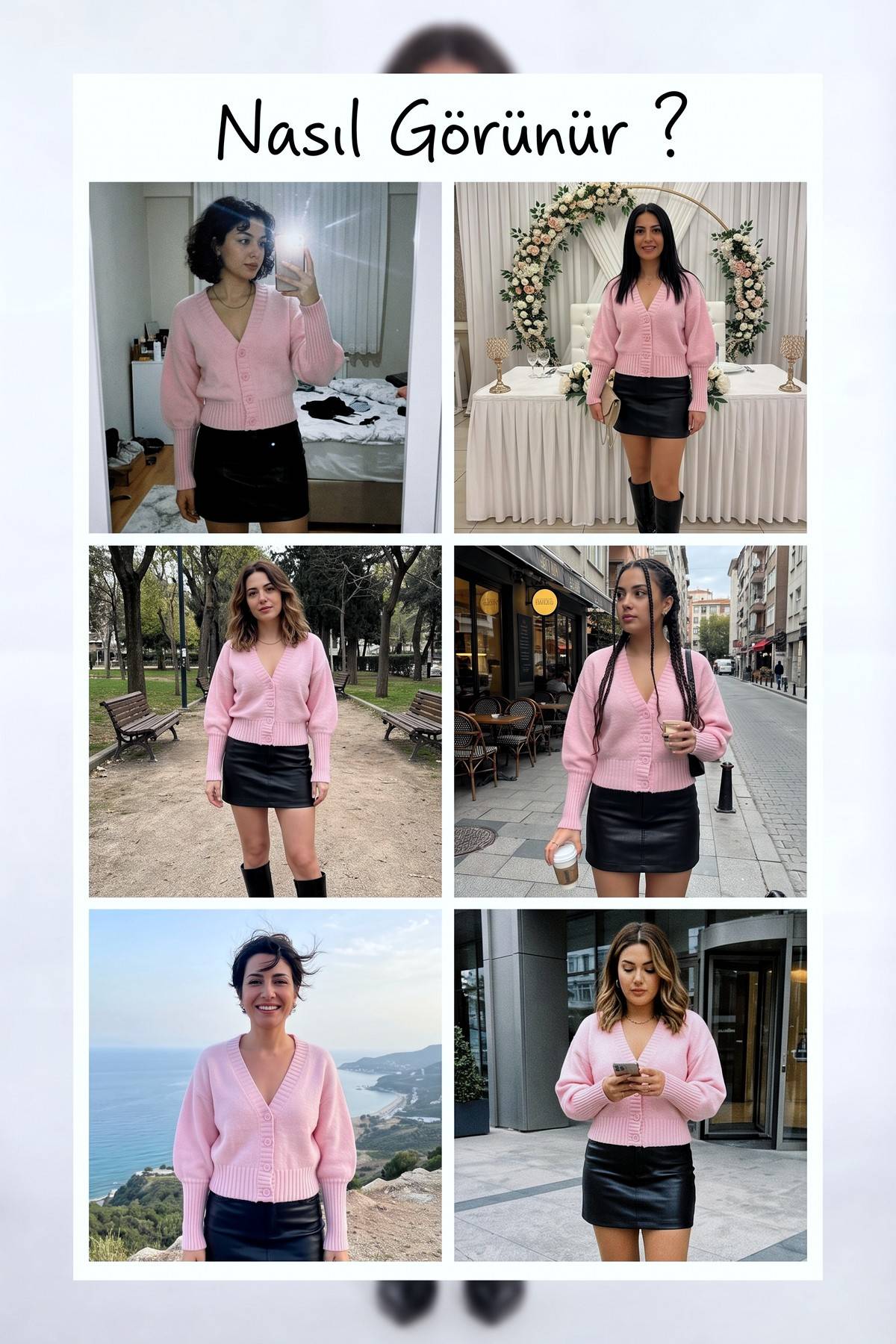 Pembe balon kol triko hırka farklı mekanlarda giyim kombinleri