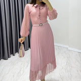 Pembe Boyundan Bağlamalı Fransız Güpür Piliseli Abiye Elbise