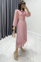 Pembe Boyundan Bağlamalı Fransız Güpür Piliseli Abiye Elbise

