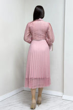 Pembe Boyundan Bağlamalı Fransız Güpür Piliseli Abiye Elbise

