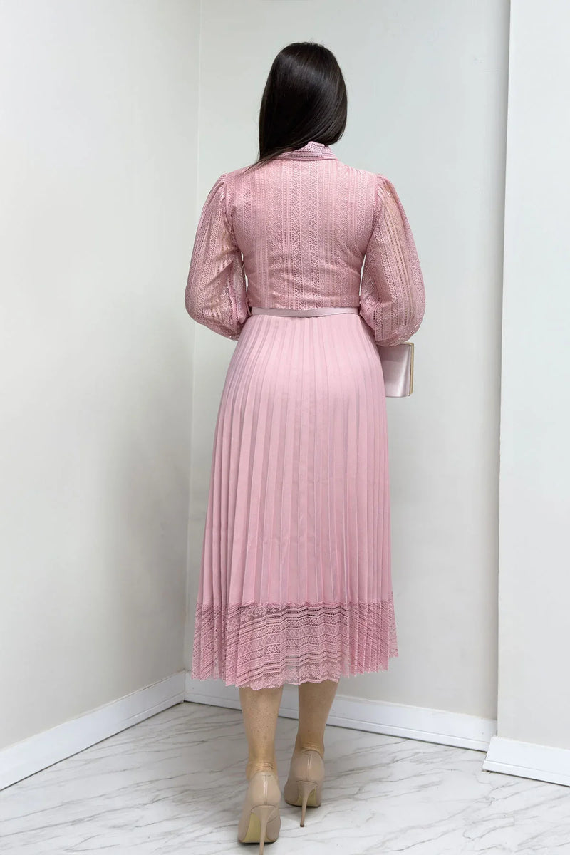 Pembe Boyundan Bağlamalı Fransız Güpür Piliseli Abiye Elbise

