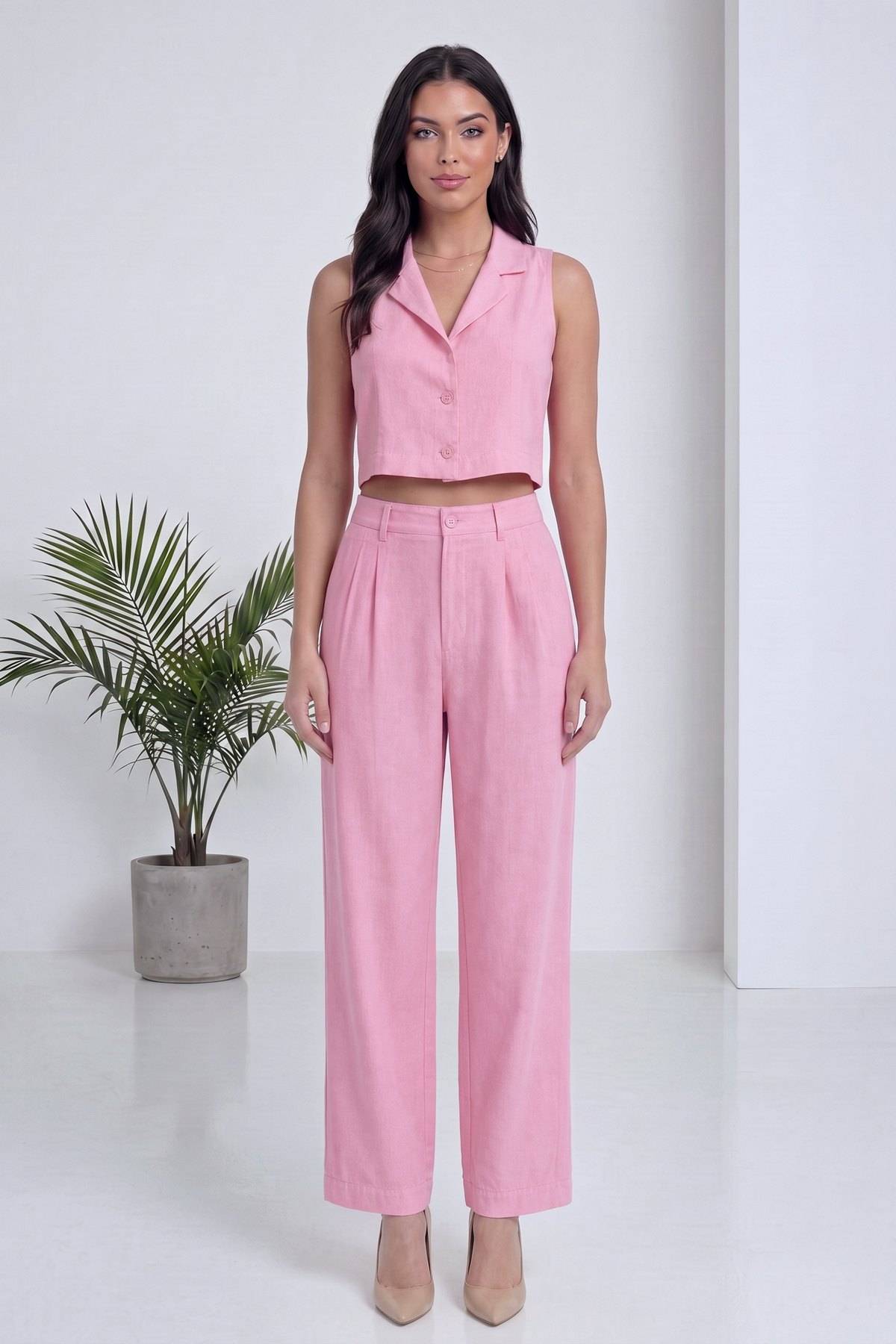 The ZKS pembe kadın pantolon yelek ikili takım, yelek ve pantolon ön görünüm